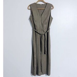 Tahari Minimalistic Green Beige Linen Jumpsuit